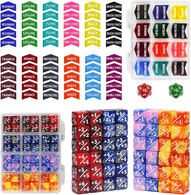 FIGURESLAB Store 110PCS MTG Keywords Tokens & 12mm Dice Counter for Magic The Gatering, Bulk Ability Tokens MTG Life Counters D20 Loyalty 6 Sided Dice, Compatible with TCG CCG Magic Card Gaming Accessories - Image 1